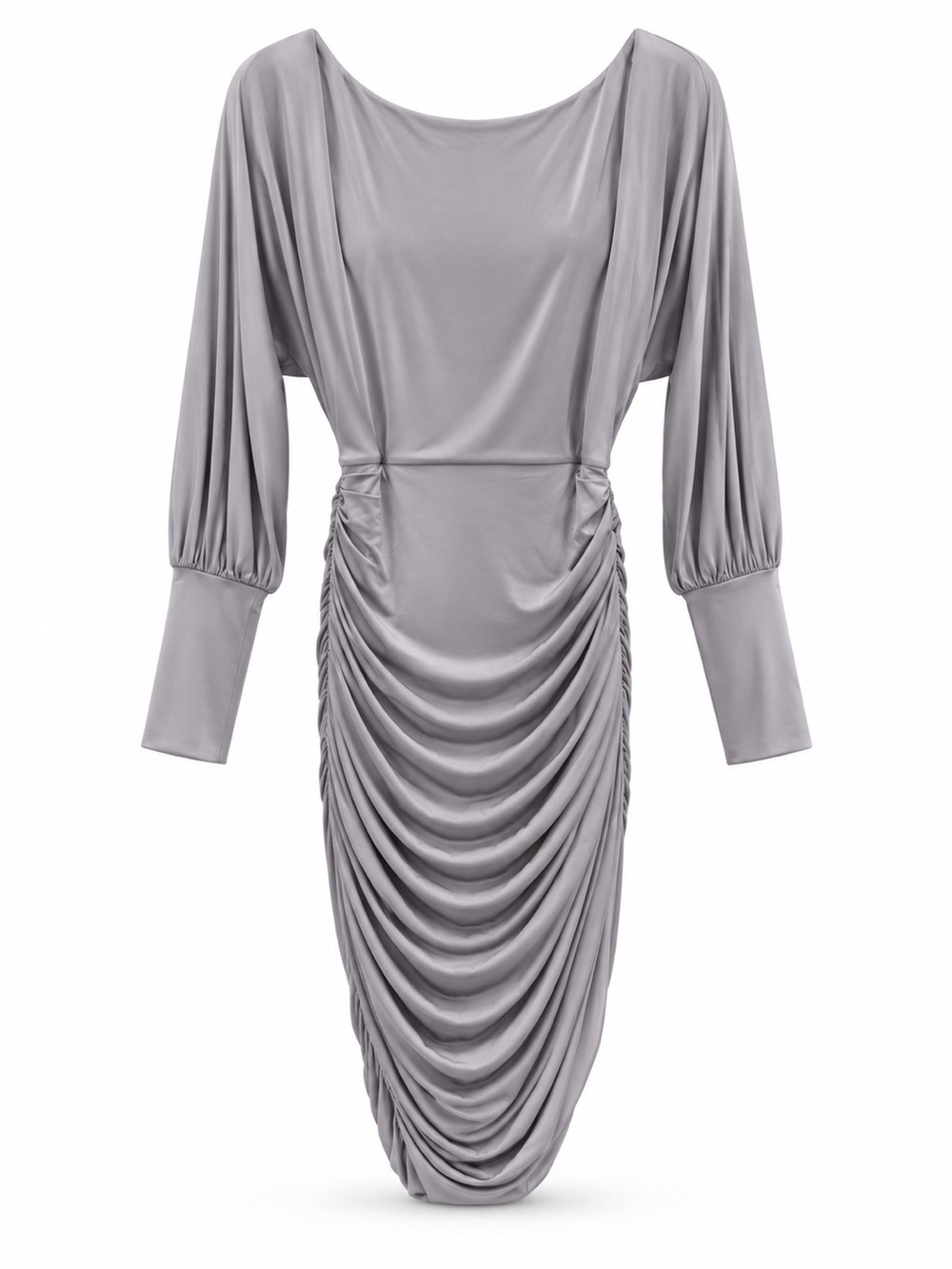 bebe Light Gray Draped Ruched Long-Sleeve Midi Dress